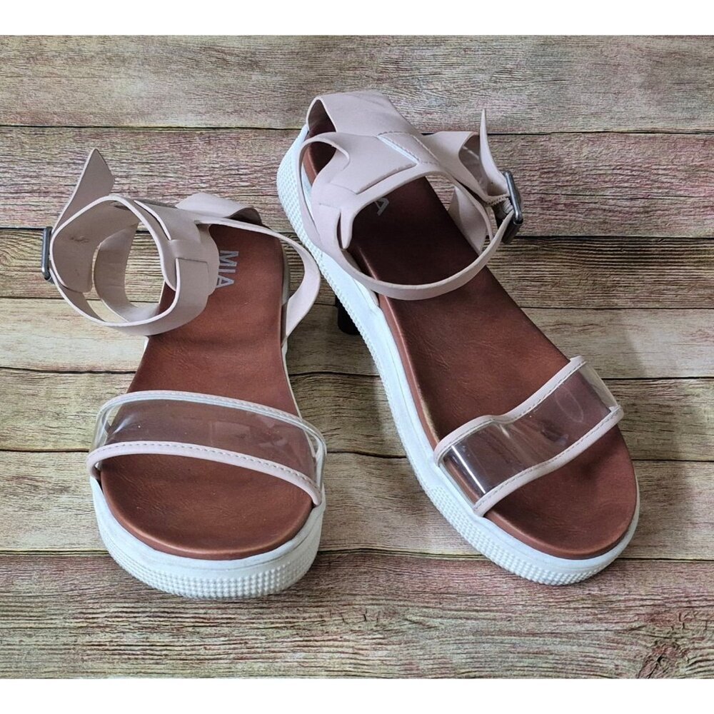 Mia Ellen Womens Blush Pink Buckle Ankle Straps Sandals Size 8.5M Low Platform